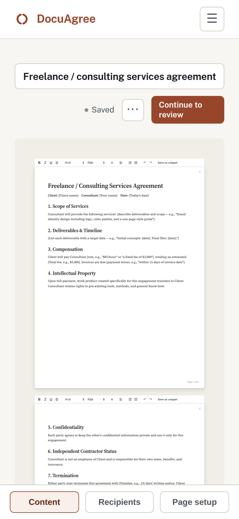 DocuAgree's document builder showing a freelance agreement template